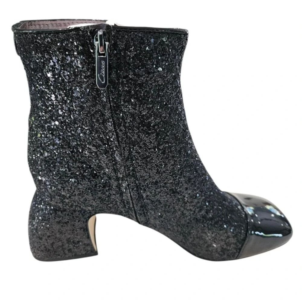 Black Glitter Ankle Boots Square Toe Block Heel Evening Party‎ Sparkle Size 8M